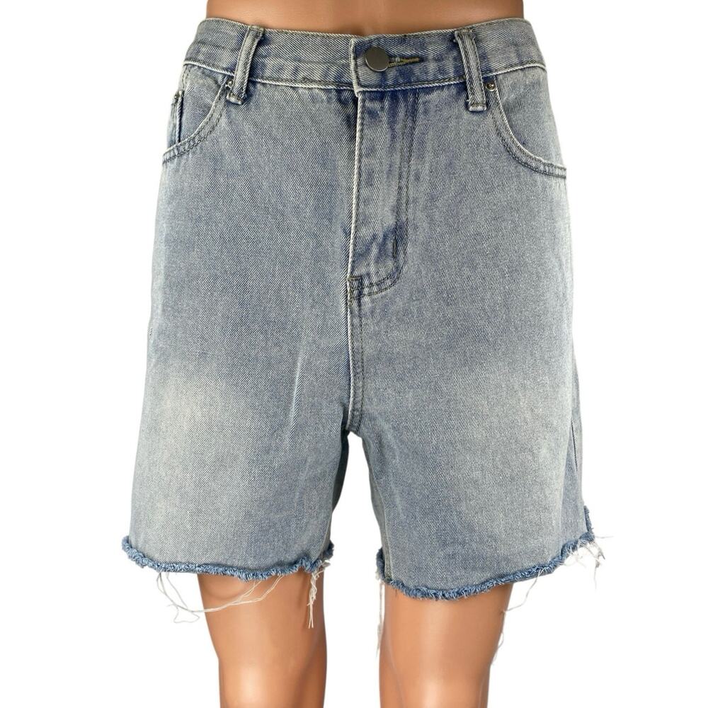 Love + Harmony Blue High Waisted Frayed Raw Hem Bermuda Denim Jeans Shorts Sz M